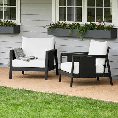 Christopher Knight Home Crew Acacia Wood Lounge Chair Outdoor Set of 2 with Removable Cushion, Solid Wood Patio Accent Chair with Textilene Accents, Patio Furniture Set Sofa Chair, Black+White