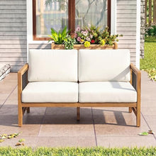 Christopher Knight Home Acacia Wood Outdoor Loveseat with Handwoven Rope Patio 2 Seater Sofa Teak Finish with Removable Beige Cushions Backyard Deck Poolside Couch