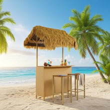 Outdoor Bar Set with PE Grass Canopy, Hawaiian-Style Acacia Wood Table and 4 Bar Stools with Adjustable Feet, Weather-Resistant Wicker, Patio, Backyard, Poolside, Dining and Drinking, Natural