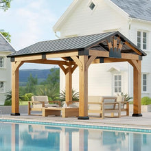 10x12 ft Ceder Wood Gazebo, Hardtop Gazebo with Galvanized Steel Peak Roof