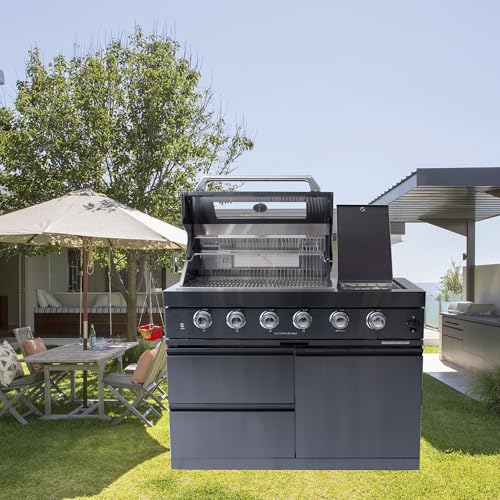 Outdoor Propane Gas Grill Island with Six Burners, Ceramic Infrared Rear Burner, Electric Rotisserie Kit, Warming Rack, Halogen Lights, Pull Out Grease Tray, Storage Drawers, Caster Wheels (Black)