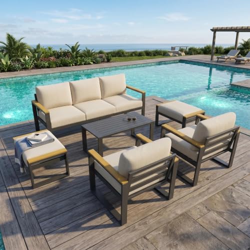 7 Seats Aluminum Outdoor Patio Conversation Sets with Coffee Table, 6 Pieces Metal Conversation Sectional Furniture Sofa for Balcony, Garden, Deck, Backyard,Beige