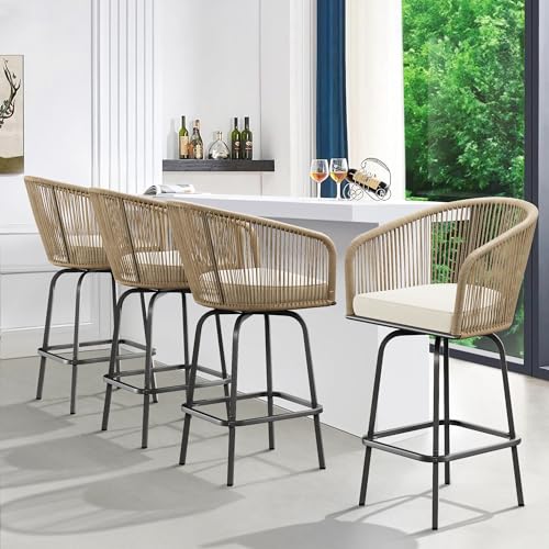 YITAHOME Counter Height Bar Stools Set of 4, Outdoor Bar Stools with Soft Cushions, Patio Rattan Swivel Bar Chairs for Backyard Poolside, Garden w /360 Rotation (Beige)