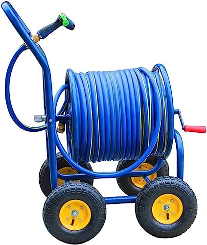 REROM Outside Heavy Duty Iron Garden Trolley,Portable Water Hose Cart with Rollers Household Water Pipe Storage Rack Can Accommodate Hose Reels (Color : Blue-dn20, Size : Hose Cart+60m Pipe)