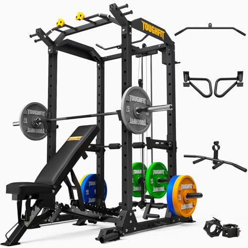 ToughFit 2024 Upgraded T2 Power Cage Multi-Function Power Rack with Lat Pulldown System Squat Rack Black