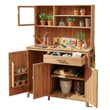 GDFStudio Elford Outdoor Storage Bench Table with Cabinet, Patio Wooden Potting Bench, Garden Storage Work Bench with Drawer, Cabinets, Adjustable Shelves, Hook and Countertop, Kitchen Island, Natural