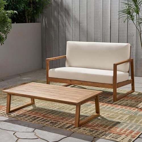 roomfitters Belgian Outdoor Loveseat and Coffee Table Set, Modern Patio Furniture, Durable Acacia Wood Frame, Teak