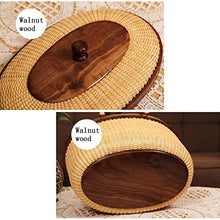 ZYBB Picnic Basket Easter Basket Handmade Rattan Basket with Lid and Wooden Bottom with Double Folding Handles Large Basket 30.5X21.5X16.5cm(Color:Brown)