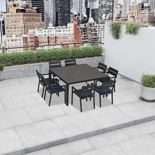 Lakeview Outdoor Designs Calm Bay 9 Pc Square Aluminum Dining Set in Black/Spectrum Indigo