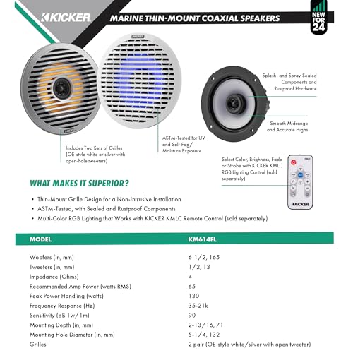 KICKER KMC2 Marine Grade Receiver & (2 Pair) 51KM614FL 6.5" LED Speakers Bundle