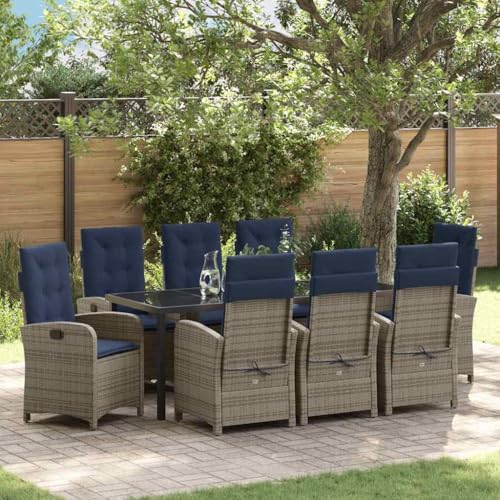 LKJVFCPW 9-Piece Poly Rattan Garden Dining Set, Outdoor Patio Furniture with Adjustable Backrest Chairs and Glass Table, Grey