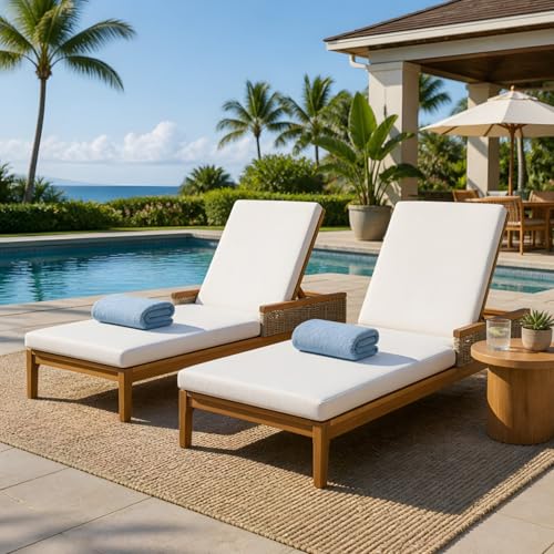 Hassyee Acacia Wood Chaise Lounge w/Wicker Arms for Garden Set of 2, Outdoor Wooden Recliner w/Adjustable Backrest for Poolside, Outside Lounge Chair w/Removable Cushions for Porch, Deck (Beige)