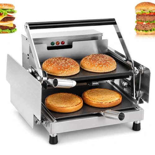 Stainless Steel Countertop Bun Grill Press, Commercial Double-layer Burger Bun Toaster, 0-3 Min Timer, 0-300°c Temp Control, With Nonstick Heating Plates, Adjustable 2-4 Cm Plate Gap