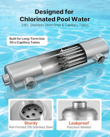VEVOR Pool Heat Exchanger, 360K BTU Swimming Pool Heater Exchanger, 316L Stainless Steel Construction, High Efficiency Water to Water Transfer Heating System for Spa, Hot Tub, Indoor/Outdoor, Silver