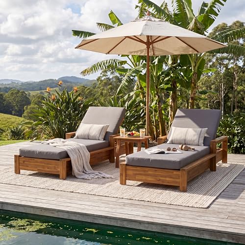 Patio Acacia Wood Chaise Lounge Set of 2, Outdoor Folding Chair Recliner
