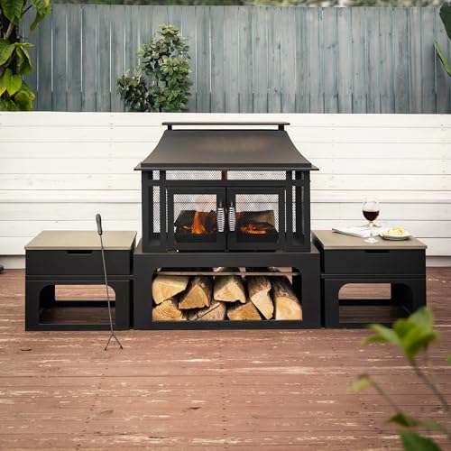 Deko Living 70 Inch Rectangular Outdoor Steel Woodburning Fireplace with Side Tables - Integrated Log Storage and Log Poker