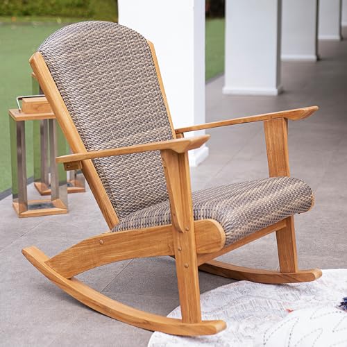 Cambridge Casual Camden Teak Wood Padded Woven Seat Outdoor Rocking Chair, All-Weather Wicker