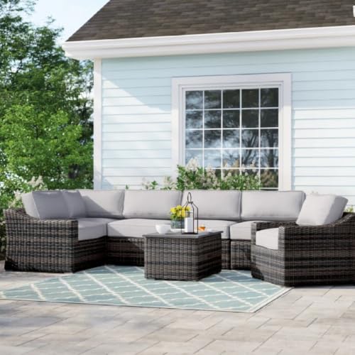 Homyee 7 Pieces Patio Conversation Set with Modular Design and Slatted Metal Tabletop for Poolside, Lawn, Outdoor Wicker Furniture Set with Removable Cushions for Backyard