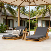 Merax Outdoor Chaise Lounge Set of 2, Acacia Wood Patio Reclining Chairs with 3-Position Adjustable Backrest, 2-Piece Sunbathing Recliner & 4" Thick Triple-fold Cushion for Poolside, Garden, Dark Gray