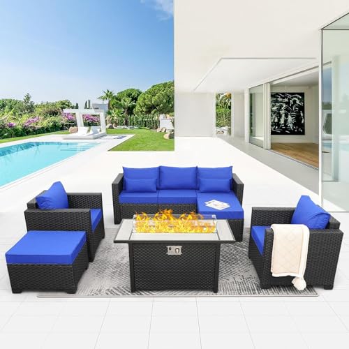 HTERWQEA 6 Piece Patio Furniture Set Outdoor with Gas Fire Pit Table, Wicker Sectional Sofa Conversation Couch with Ottomans and Side Royal Blue