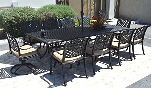 Nassau Outdoor Patio 11 pcs Dining Set Table 46" X 120" and 10 Chairs Dark Bronze, Cast Aluminum