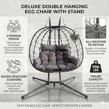 GDFStudio Double Hanging Egg Chair with Stand, Patio Hammock Swing Loveseat for Two, Oversized Wicker Chair with Cushion, Indoor Outdoor, Grey