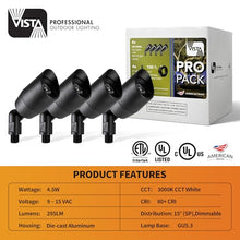 VISTA 4 Pack Cast Aluminum Landscape Spotlights, Low Voltage Landscape Lighting Spot Lights Outdoor with 4.5W MR16 LED Bulb for Yard, Garden, Lawn, Tree