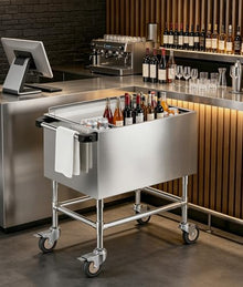 Stainless Steel Insulated Ice Bin Cart with Wheels, Portable Mobile Outdoor Cooler Cart with Sliding Lid, Removable Handle & Drain Pipe, Large Capacity Ice Storage Bin for Parties,Patio&Outdoor Events