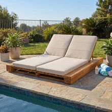 Christopher Knight Home Messo Double Chaise Lounge Outdoor with Cushion, Acacia Wood Patio Chaise Lounge Set of 2, Adjustable Backrest Poolside Sun Lounger, Solid Wood Sunbathing Chair, Teak+Beige