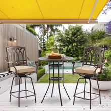 3 Piece Swivel Outdoor Table and Chairs Bar Set , All-Weather Cast Aluminum Outdoor High Top Patio Bar Set Bistro Set, High Swivel Stools with Cushions Umberlla Hole for Balcony, Poolside,Garden,Lawn