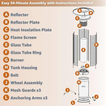 46,000 BTU Steel Round Commercial Propane Outdoor Patio Heater with Glass Flame Tube and Protective Mesh – Freestanding Portable Design with Wheels for Patio, Deck, Restaurant, Poolside, Events