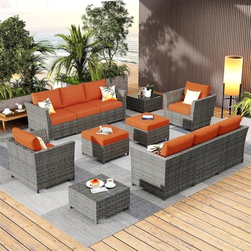 UOPYNE 12 Piece All Weather Backyard Conversation Seat, Rattan Patio Furniture Set, Outdoor Sectional Cushioned Sofa, Wicker Ideas for Garden, Porch