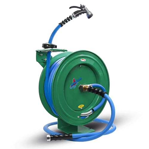 RMX BluSeal Auto Retractable Water Hose Reel with Hot & Cold Water Rubber Garden Hose, Spray Nozzle - Ultra Light, Super Strong with 6' Lead-in Hose (5/8” x 50’ Green)