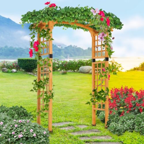 Wooden Garden Arbor Arch with Trellis Wall and Ground Stakes for Growing Flowers, Plants, Outdoor Archway with Pergola Style and Solid Wood Frame for Backyard, Garden