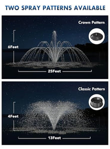 FS02 110V, 1/2 HP Large Pond Floating Fountain, Oil Free Pump 9000 GPH with 100’ Cord, Two Spray Patterns Included