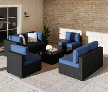 SUNLEI 7pcs Patio Conversation Sets Outdoor Furniture Sets, High Back All-Weather Rattan Sectional Sofa with Tea Table&Washable Couch Cushions(Black Rattan)(Aegean Blue)