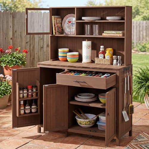 Roomfitters 65" Garden Potting Bench with Storage Hutch, Outdoor Potting Table & Prep Station, Drawer, Cabinet, Shelves, Brown
