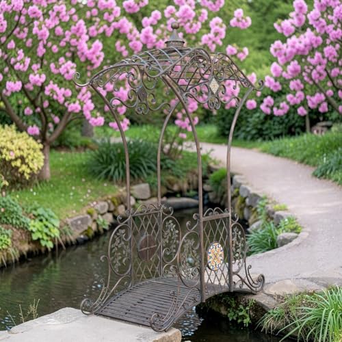 Zaer Ltd. 8.75ft. Montpellier Metal Garden Bridge with Mosaic Accent Écusson (Bronze)