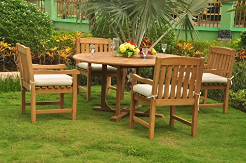 WholesaleTeak New 5 Pc Luxurious Grade-A Teak Wood Outdoor Dining Set - 60" Round Dining Table and 4 Devon Arm/Captain Chairs #WHDSDVl