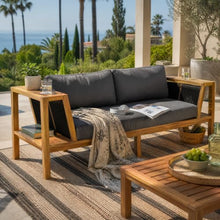 Merax Acacia Wood Outdoor Loveseat with Grey Cushion, Coastal Style Patio Daybed Loveseat Sofa with Rope Side Panels & Built-in Side Storage Shelves, 2-Seater Patio Bench for Garden Backyard