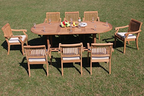 TeakStation 8 Seater Grade-A Teak Wood 9 Pc Dining Set: 94" Mas Oval Trestle Leg Table and 8 Stacking Arbor Arm/Captain Chairs #TSDSAB75