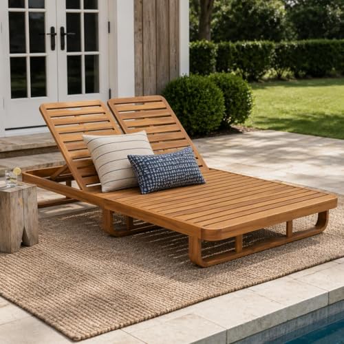 Christopher Knight Home Double Acacia Wood Chaise Lounge with Dual Adjustable Backrests, Patio Outdoor Chaise Lounge, Wooden Sunbathing Pool Lounger, 1Pcs Set, Natural (Frame Only)