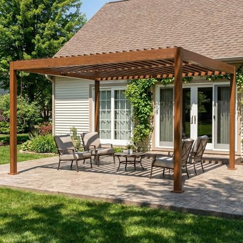 Patio Kingdom 10' x 10' Louvered Pergola Outdoor Aluminum Pergola Kit with Adjustable Roof, All-Weather Metal Gazebo with Drainage System for Patio, Deck, Garden and Backyard Shade, Wood Looking