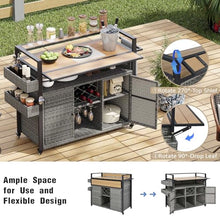 Doredo Wicker Outdoor Grill Cart with Extended Wood-Plastic Table Top, Outdoor Grill Table for Food Prep, Kitchen Island on Wheels with Storage Cabinet for Patio Backyard Garden Poolside, Gray