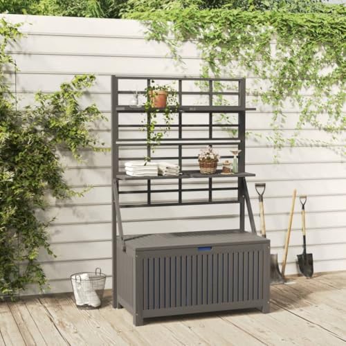 DINDING Storage Box Gray Solid Acacia Wood Large Storage Box with Trellis Garden Bench with Storage Outdoor Toy Storage Sheds and Outdoor Storage