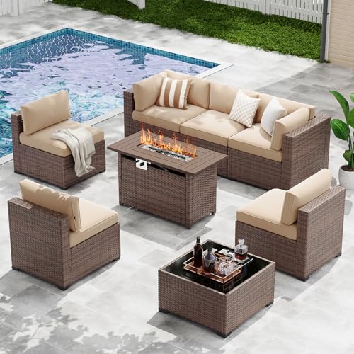 8-Piece Wicker Outdoor Patio Furniture Set with 44" Fire Pit Table