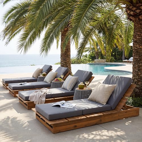 Merax Patio Chaise Lounge Set of 4, Acacia Wood Outdoor Reclining Chairs with 3-Position Adjustable Backrest, 4-Piece Sunbathing Recliner & 4" Thick Triple-fold Cushion for Poolside, Garden, Dark Gray