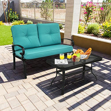 2PCS Patio Loveseat Bench Table Furniture Set Cushioned Chair Turquois Loveseat Coffee Table