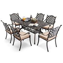 Ailismail 7-Piece Outdoor Dining Set Cast Aluminum Retro Patio Dining Set for 6 with 59” Table, 6 Chairs, Thicker Cushion, and Umbrella Hole Bronze