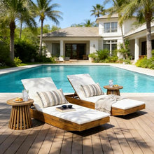 Merax 2 PCS Outdoor Lounge Chaise with 2-Fold Thin Cushions, Teak Finish Acacia Wood Lounge Chair Lounge with Cream Cushion for Outdoor Furniture Pool Lawn Deck(Shipped in 2 Boxes)